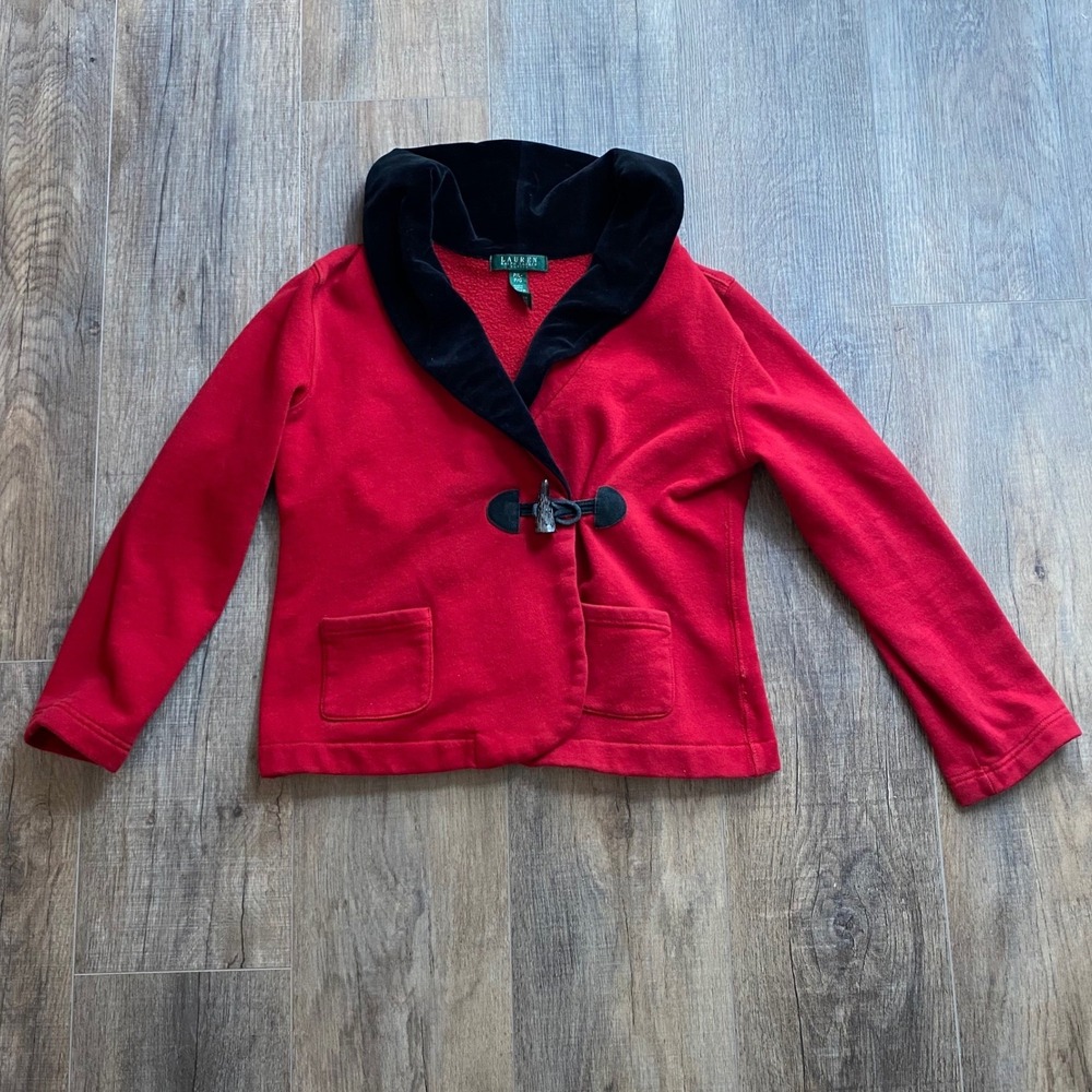 Lauren Ralph Lauren Petite Red Toggle Jacket‎ Velvet Collar Fleece P/L, Preppy